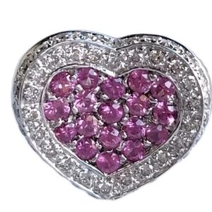 18k Gold Diamond Pink Sapphire Heart Band Ring-Estate Jewelry 7.4 gm